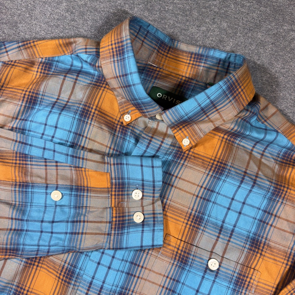 Orvis Button Down Shirt Mens L Blue Orange Plaid Wrinkle Free Classic Fit Cotton